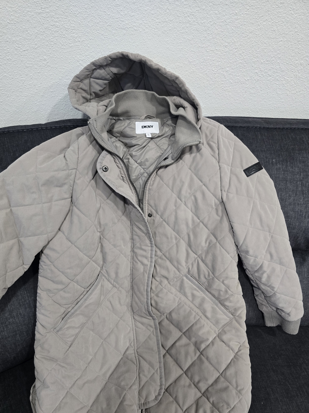 DKNY Quilted Hooded Jacket in Light Gray